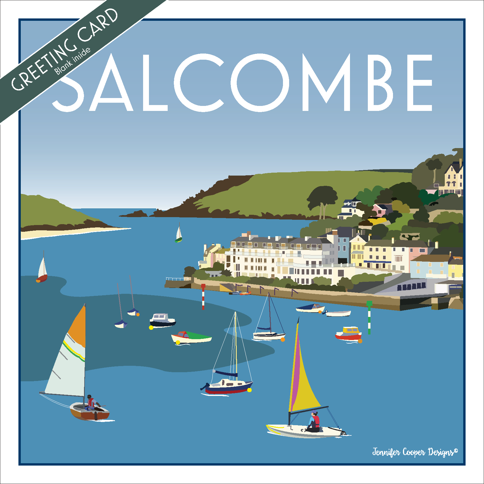 Greeting card with illustration of Salcombe, featuring boats on the water and a coastal town inlcuding Slacombe Harbour Hotel.