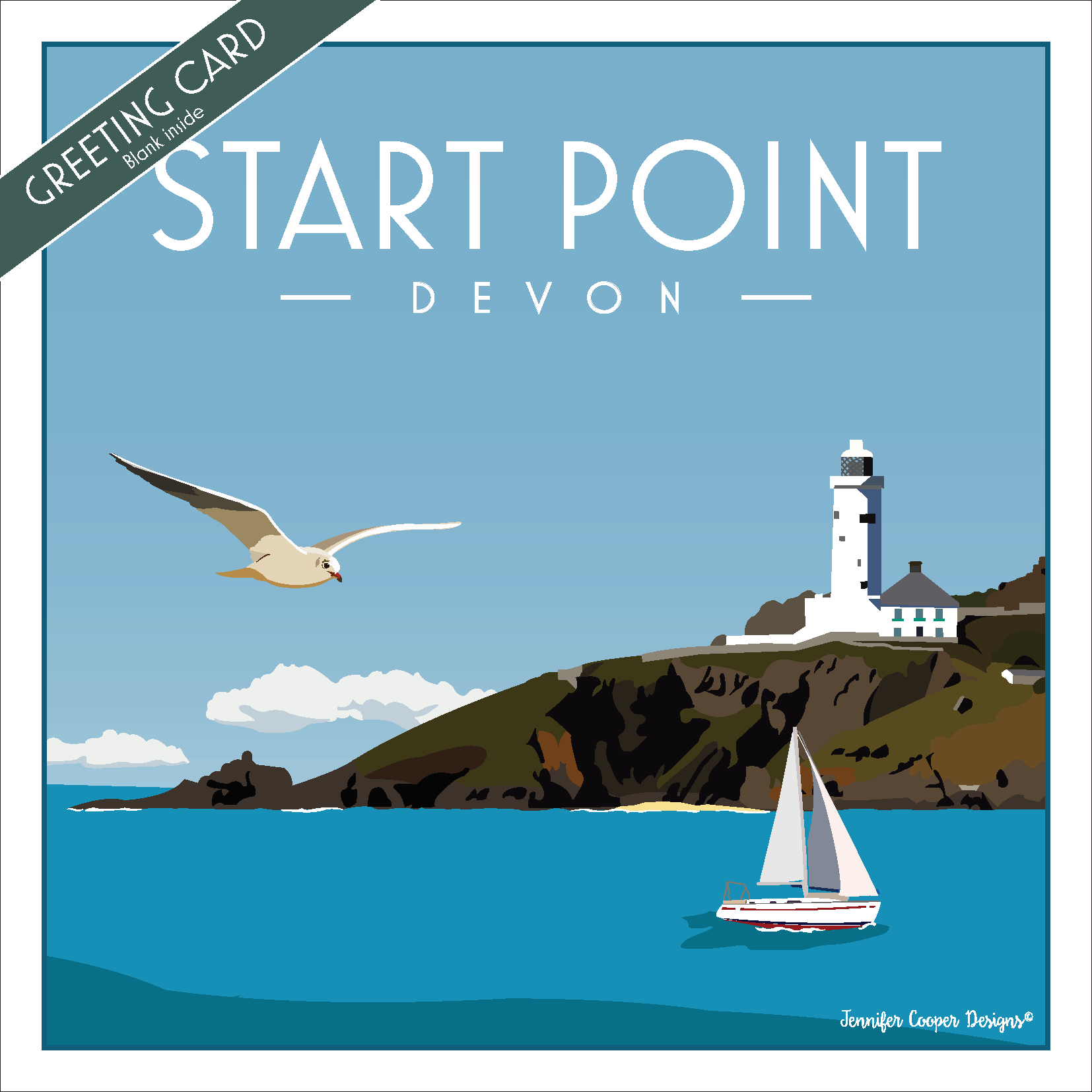 Greeting card with Start Point lighthouse, a sailboat, and seagull on a blue background.