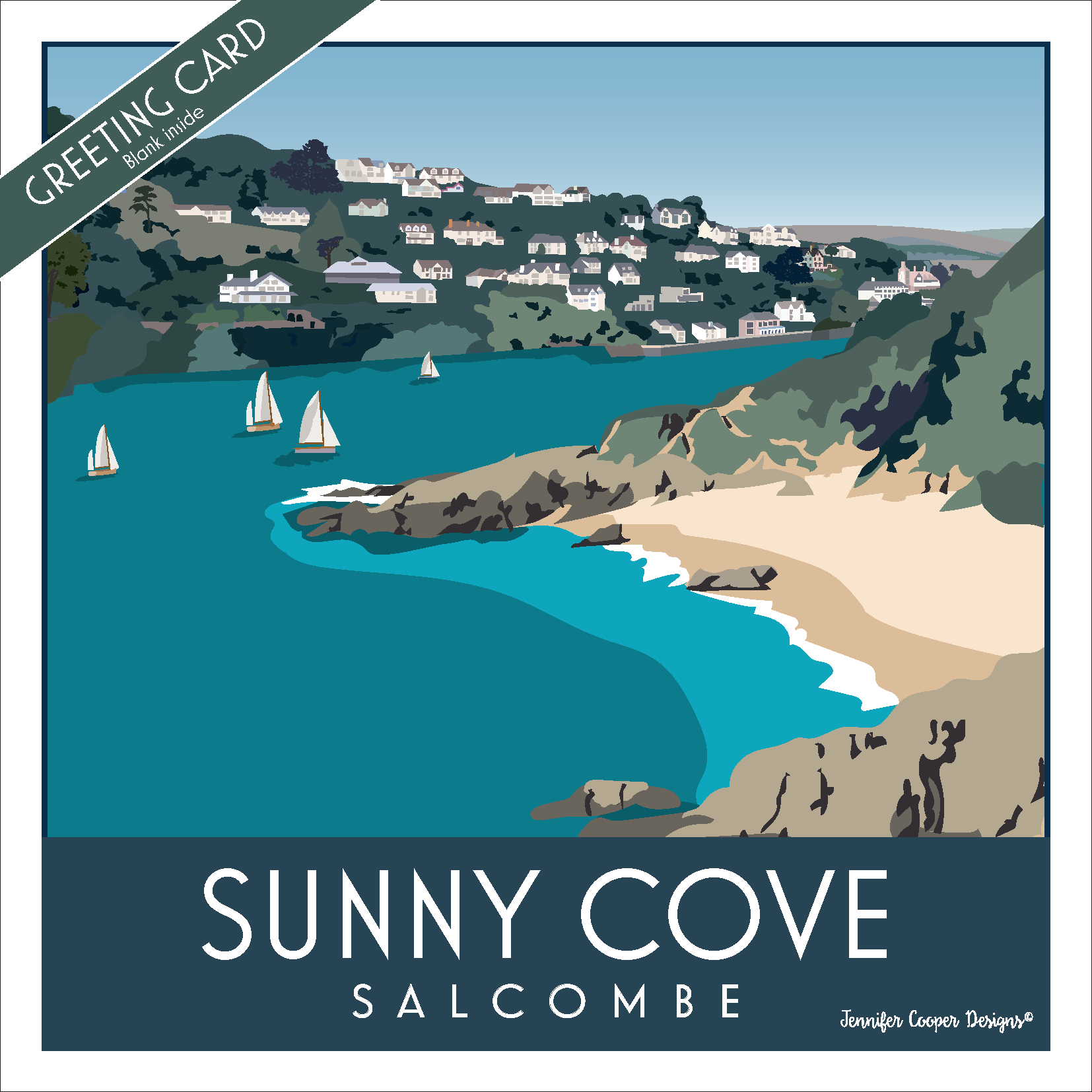 Greeting card with illustration of a coastal scene titled 'Sunny Cove Salcombe'.