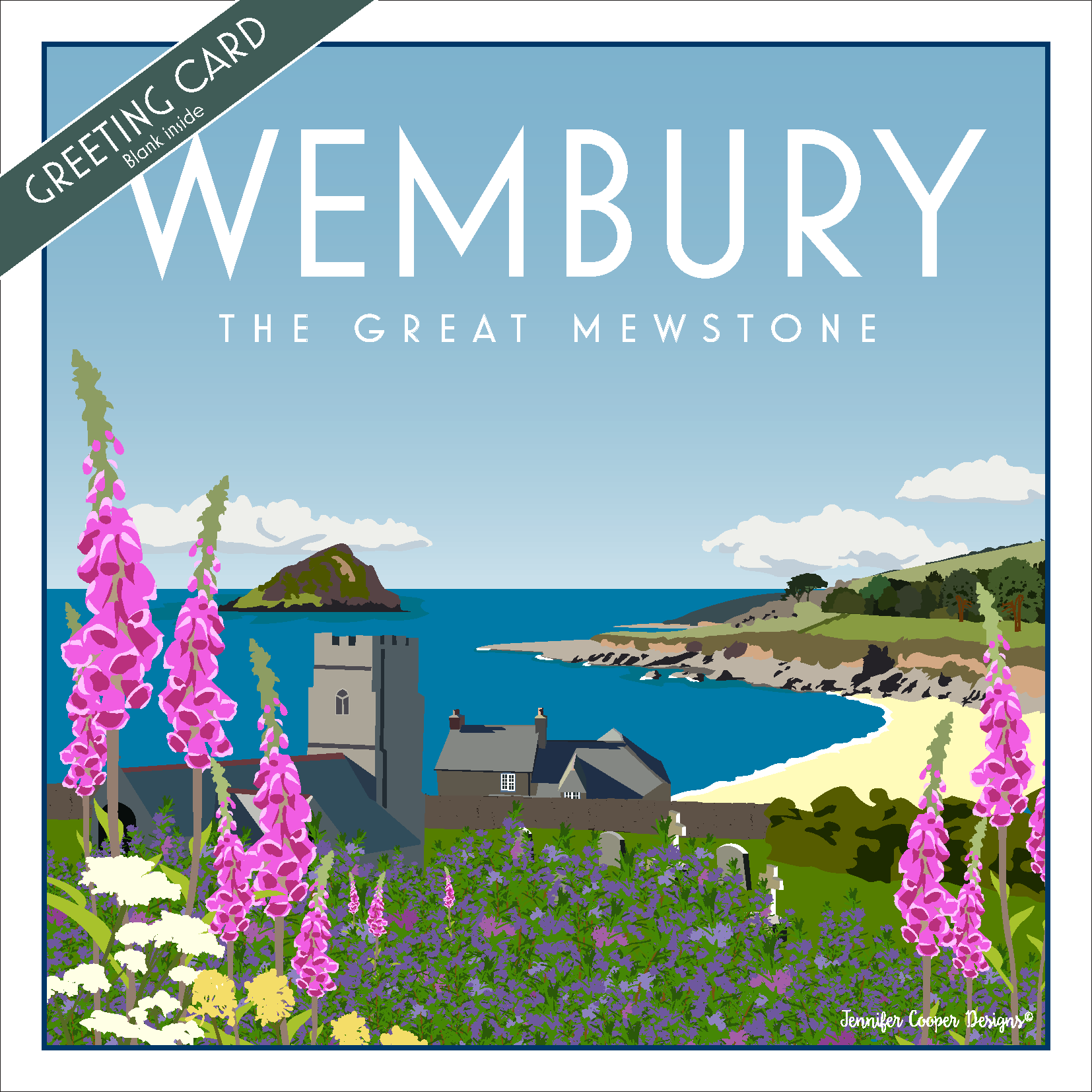 Greeting card with illustration of Wembury and the Great Mewstone, featuring a coastal scene with flowers.