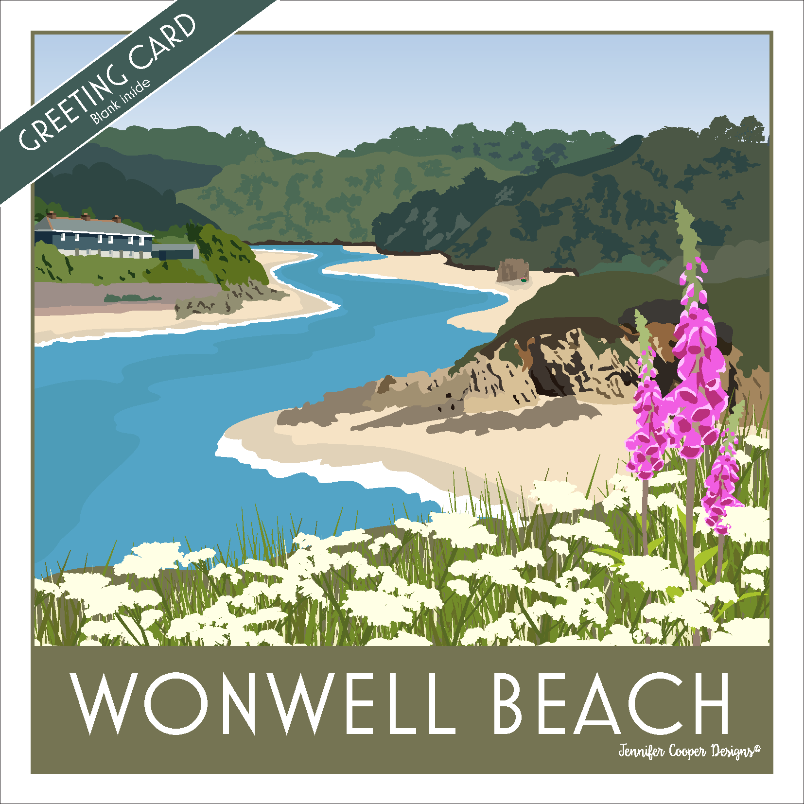 Greeting card with illustration of Wonwell Beach featuring a river, beach, and flowers.