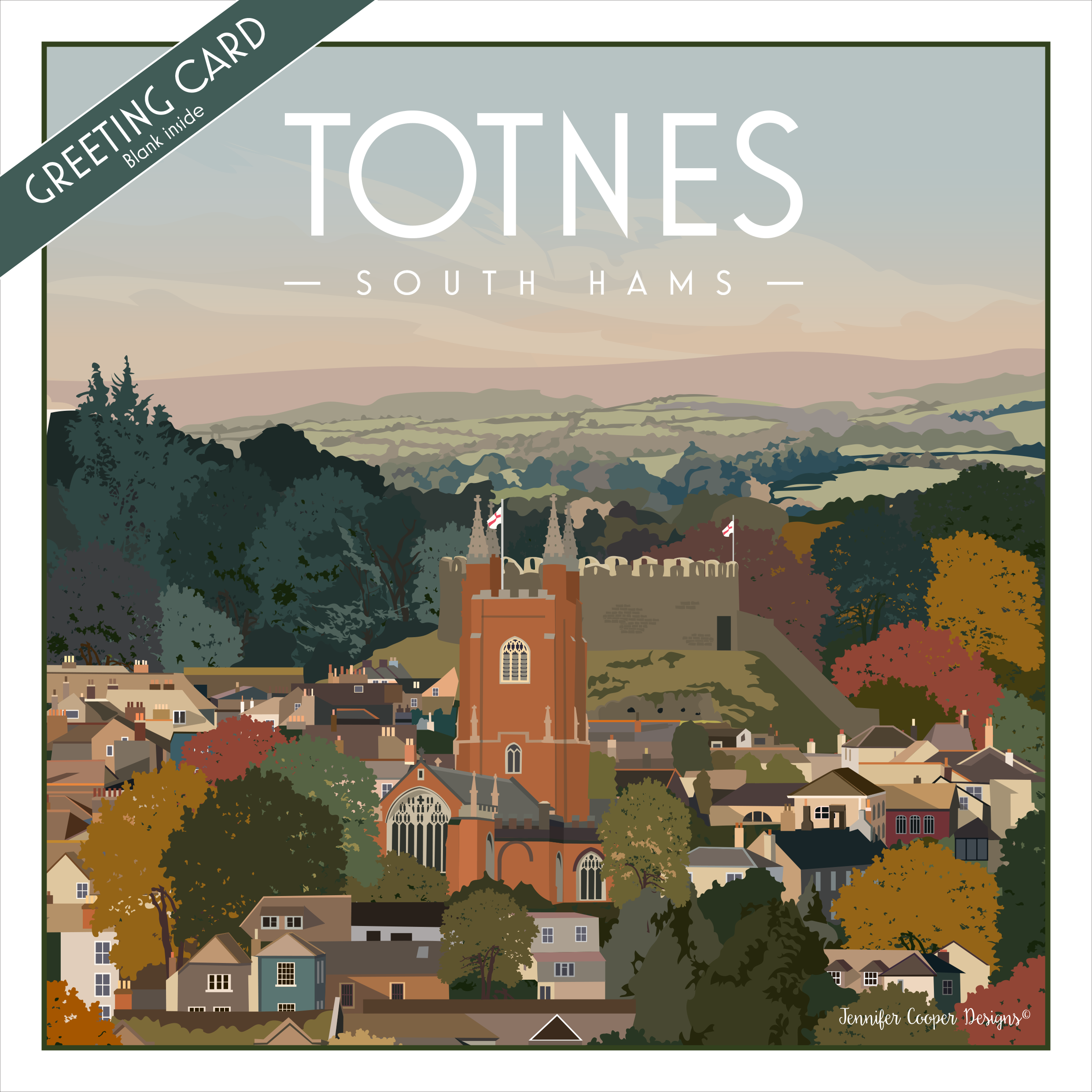 Greeting card with illustration of Totnes, South Hams featuring a church and surrounding landscape.