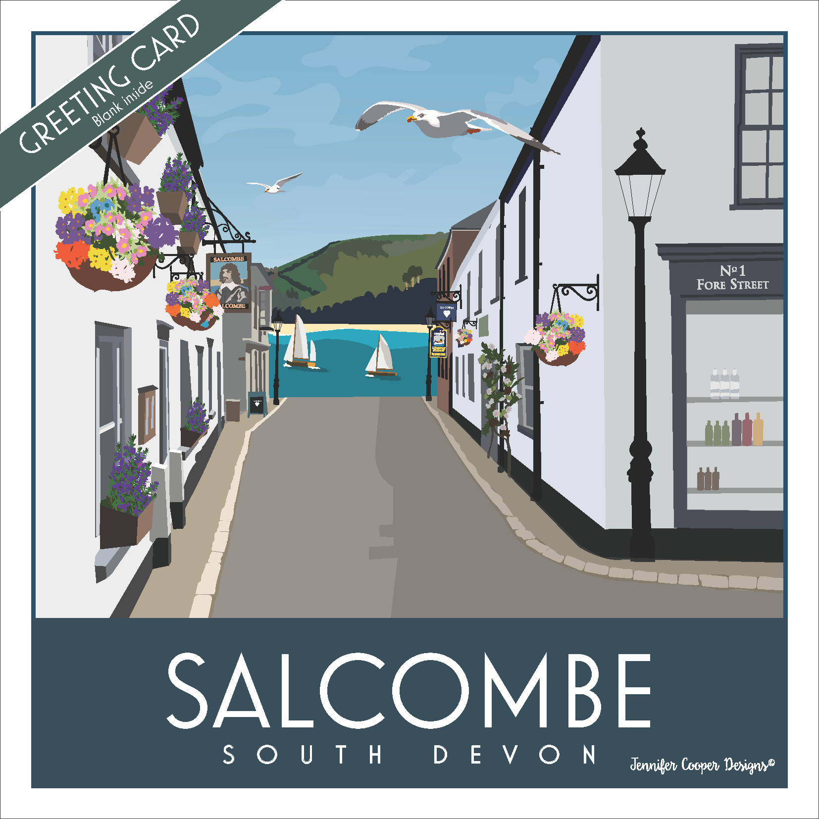 Greeting card with an illustration of a street in Salcombe, South Devon, featuring The Fortescue Inn, the RNLI musuem, shops and a view of the sea.