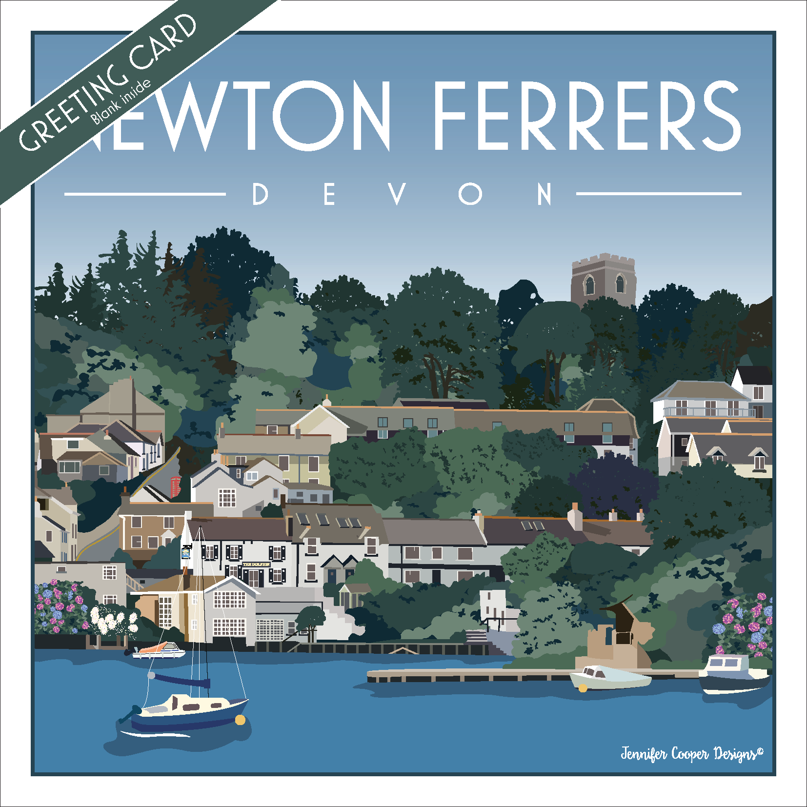 Greeting card with illustration of Newton Ferrers, Devon featuring The Dolphin Inn pub, Holy Cross Church, houses and boats.