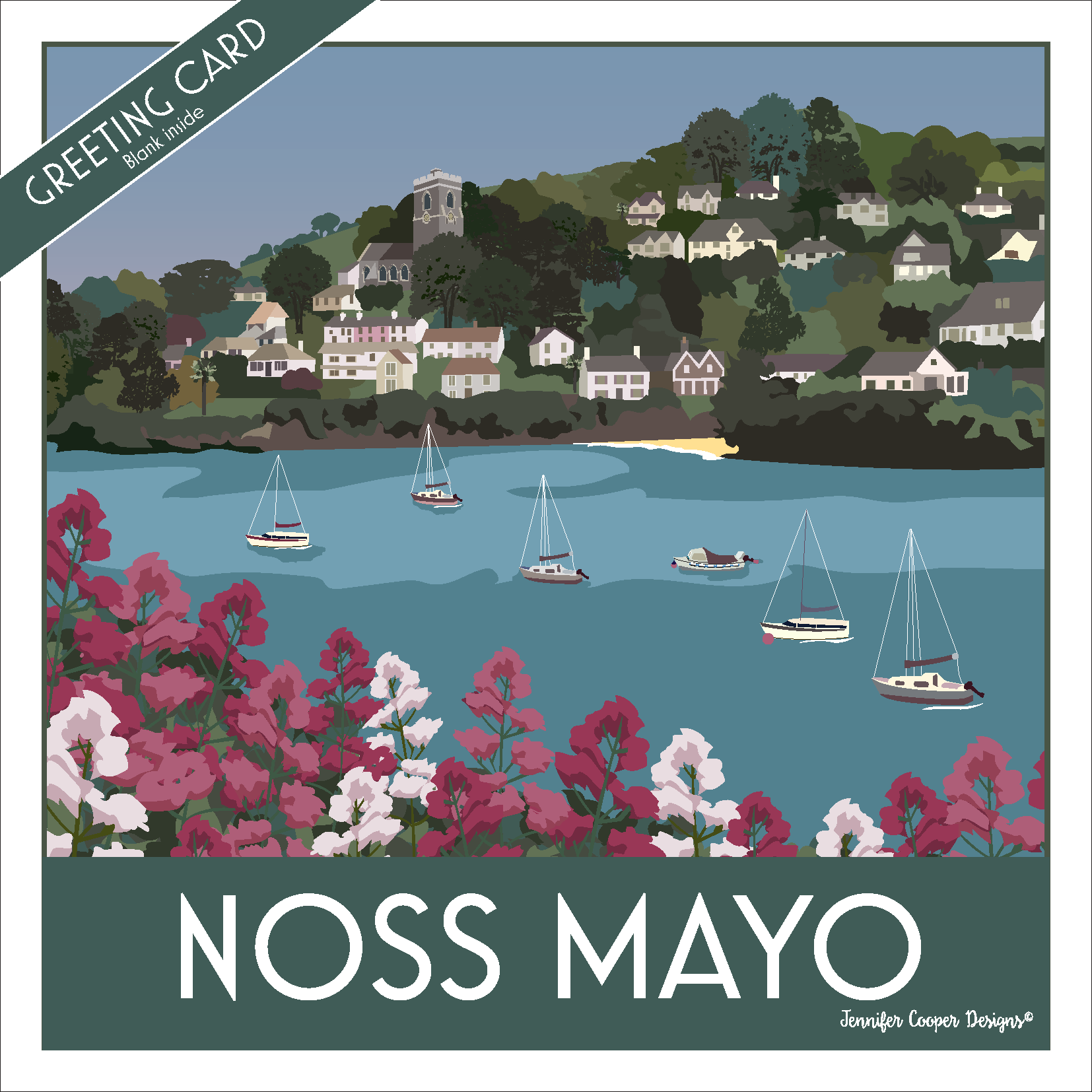 Greeting card with a scenic illustration of Noss Mayo featuring St Peter's Church, boats on the River Erme and houses on a hill. Wildflower in the foreground.