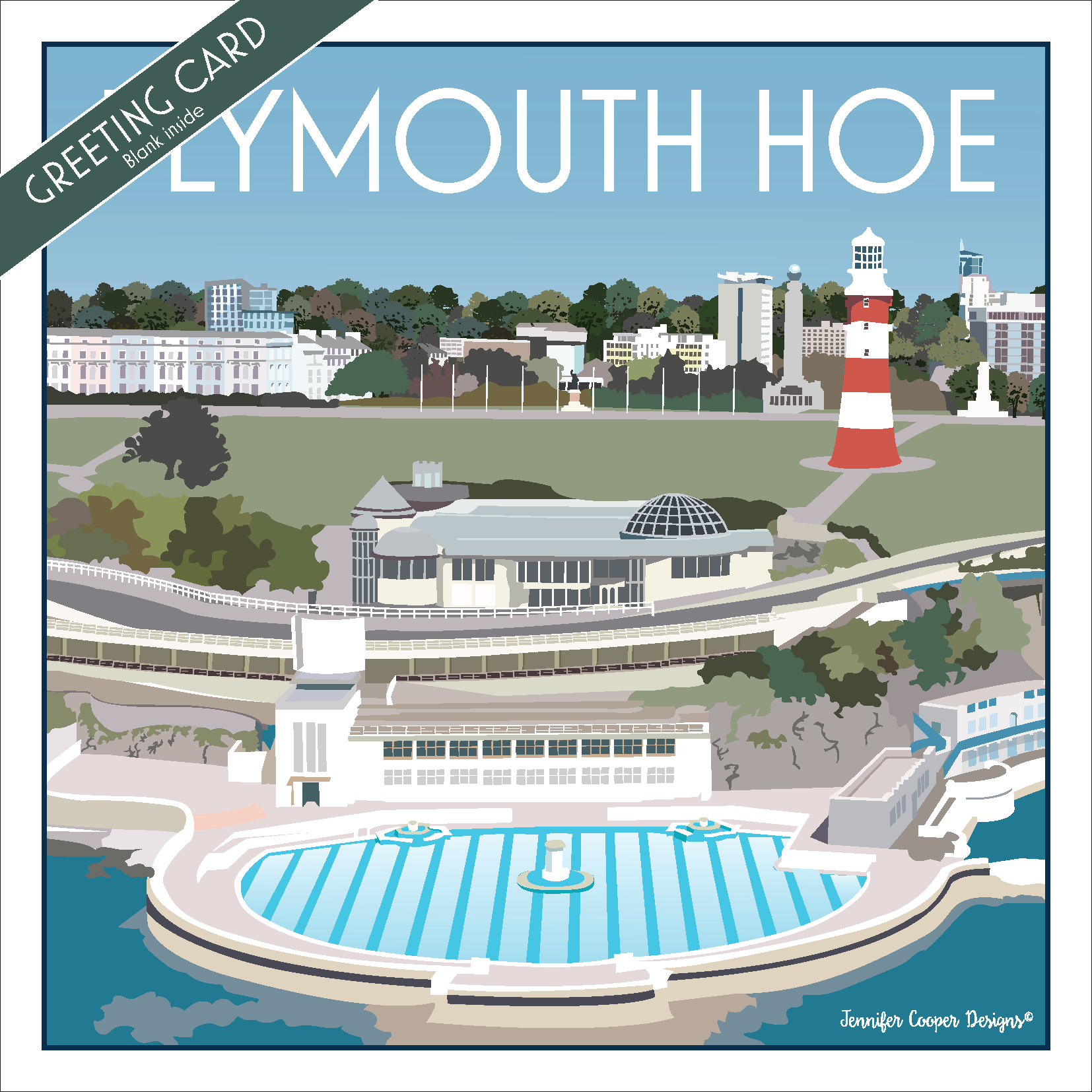 Greeting card with illustration of Plymouth Hoe and  Smeaton's Tower lighthouse. The Tinside lido in the foreground.