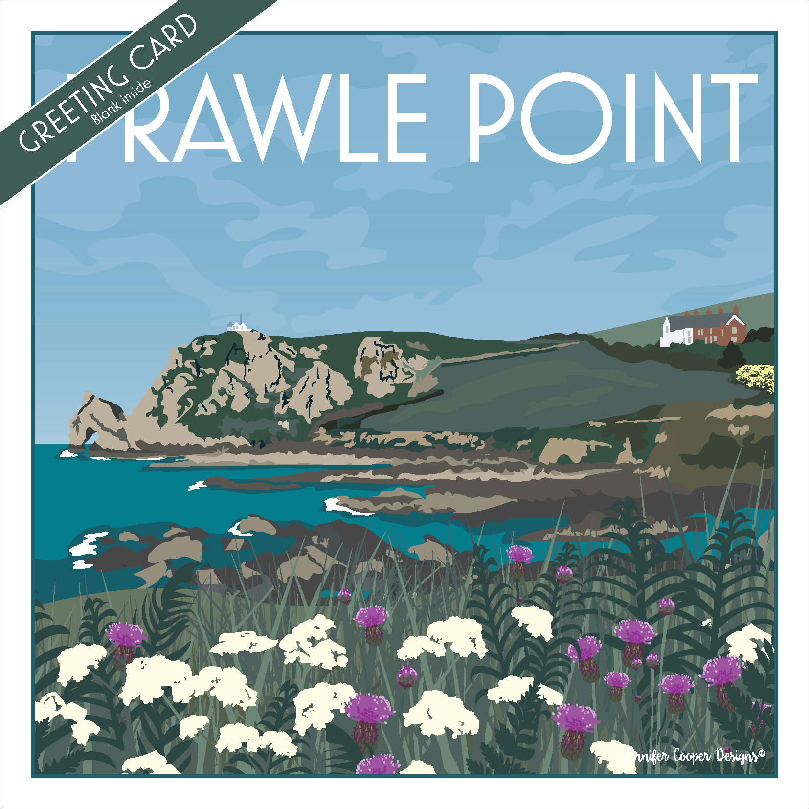 Greeting card with a scenic illustration of Prawle Point featuring cliffs, coastguard cottages, ocean, and wildflowers.