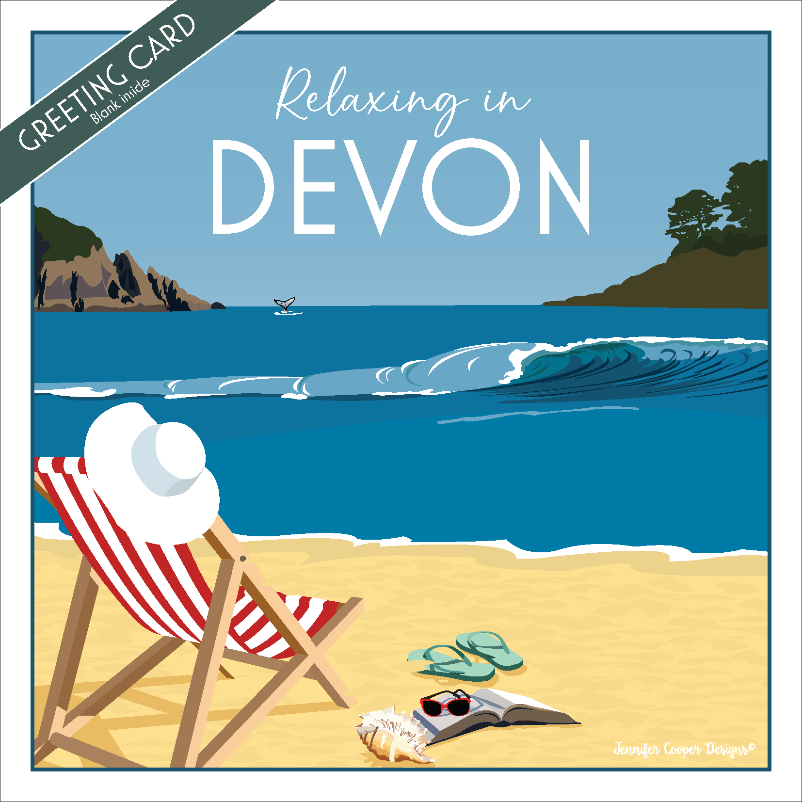 Greeting card with a beach scene and 'Relaxing in Devon' text. Features a deckchair, hat and flip flops in the foreground.