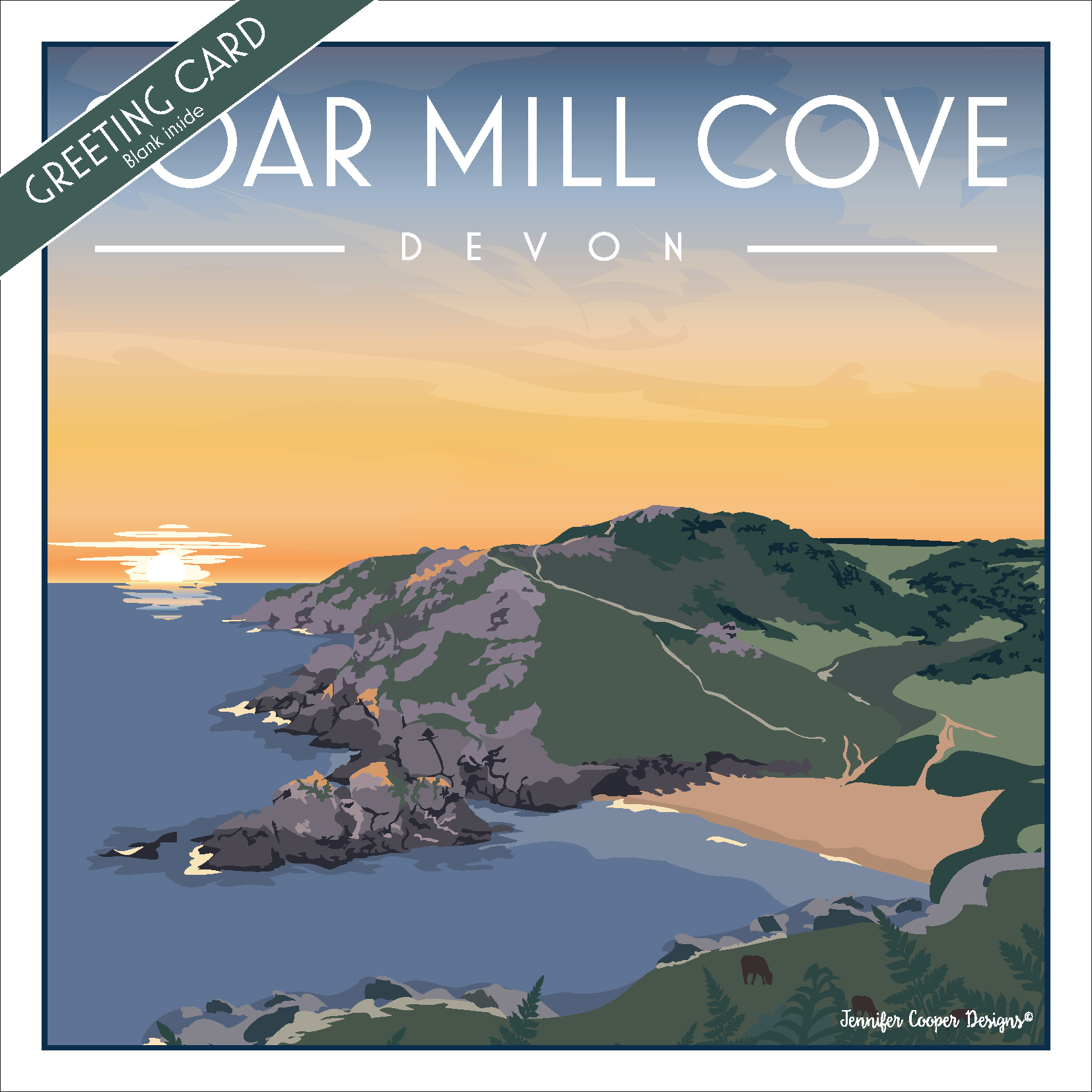 Greeting card with a coastal scene of Soar Mill Cove, Devon, featuring a sunset over a rocky coastline.