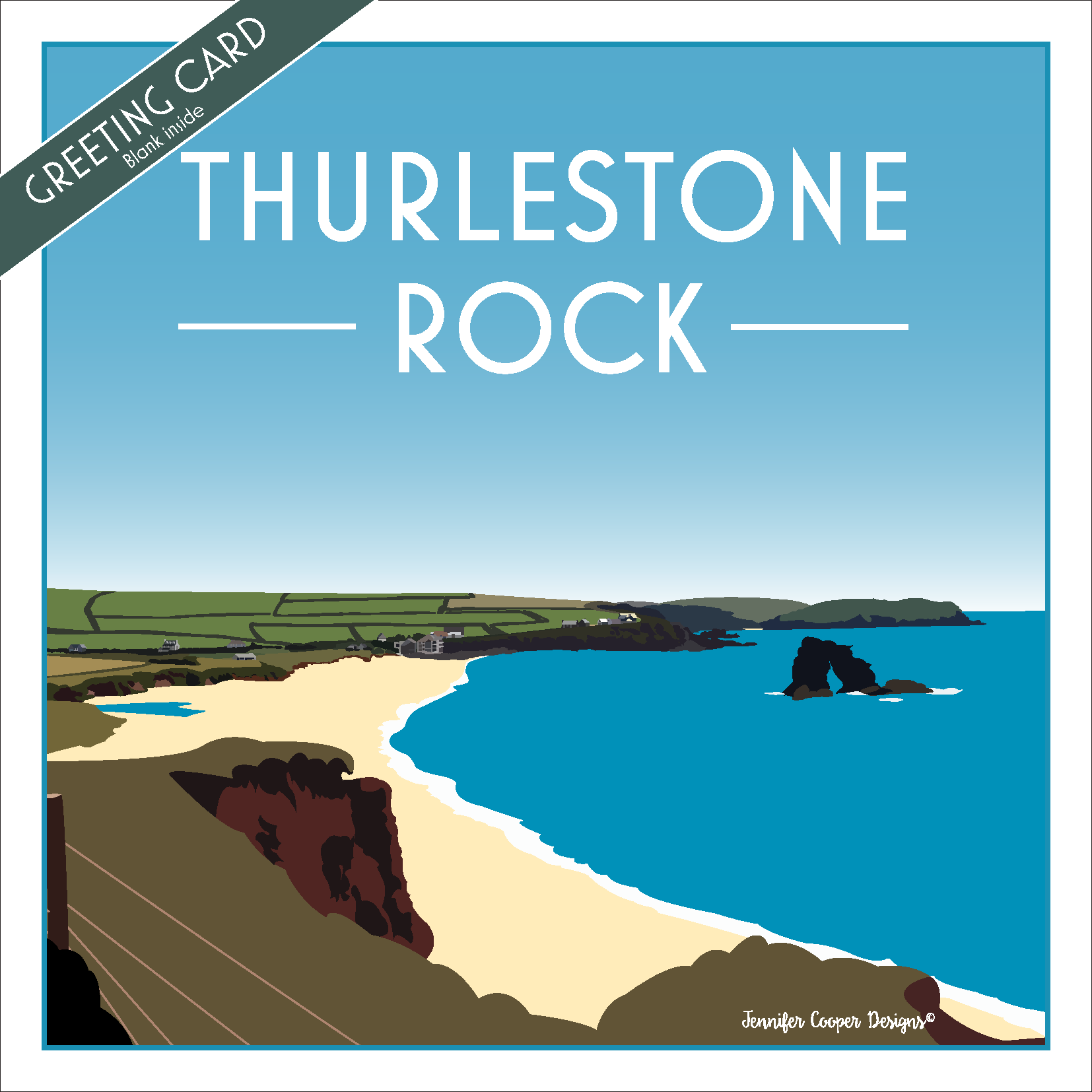 Greeting card with illustration of Thurlestone Rock, a beach and Bolt Tail in the distance.