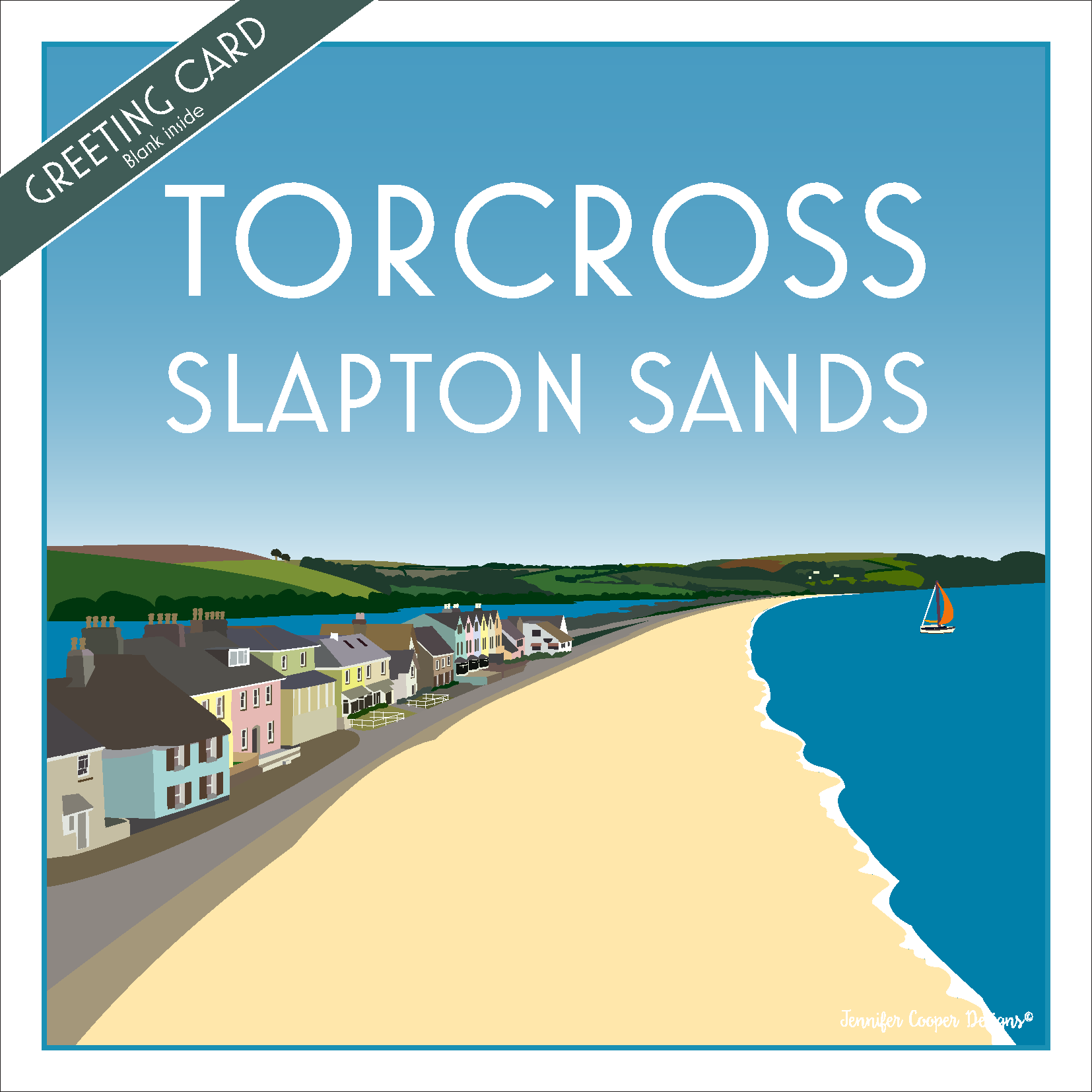 Greeting card with illustration of Torcross Slapton Sands featuring a beach and houses with Slapton Lee behind.